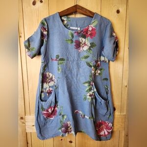 Vasna Linen Floral Asymmetrical Hem Tab Sleeve Lagenlook Slouchy Pocket Dress